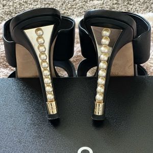 CHANEL Lambskin Pearl Embellished Mules Pumps